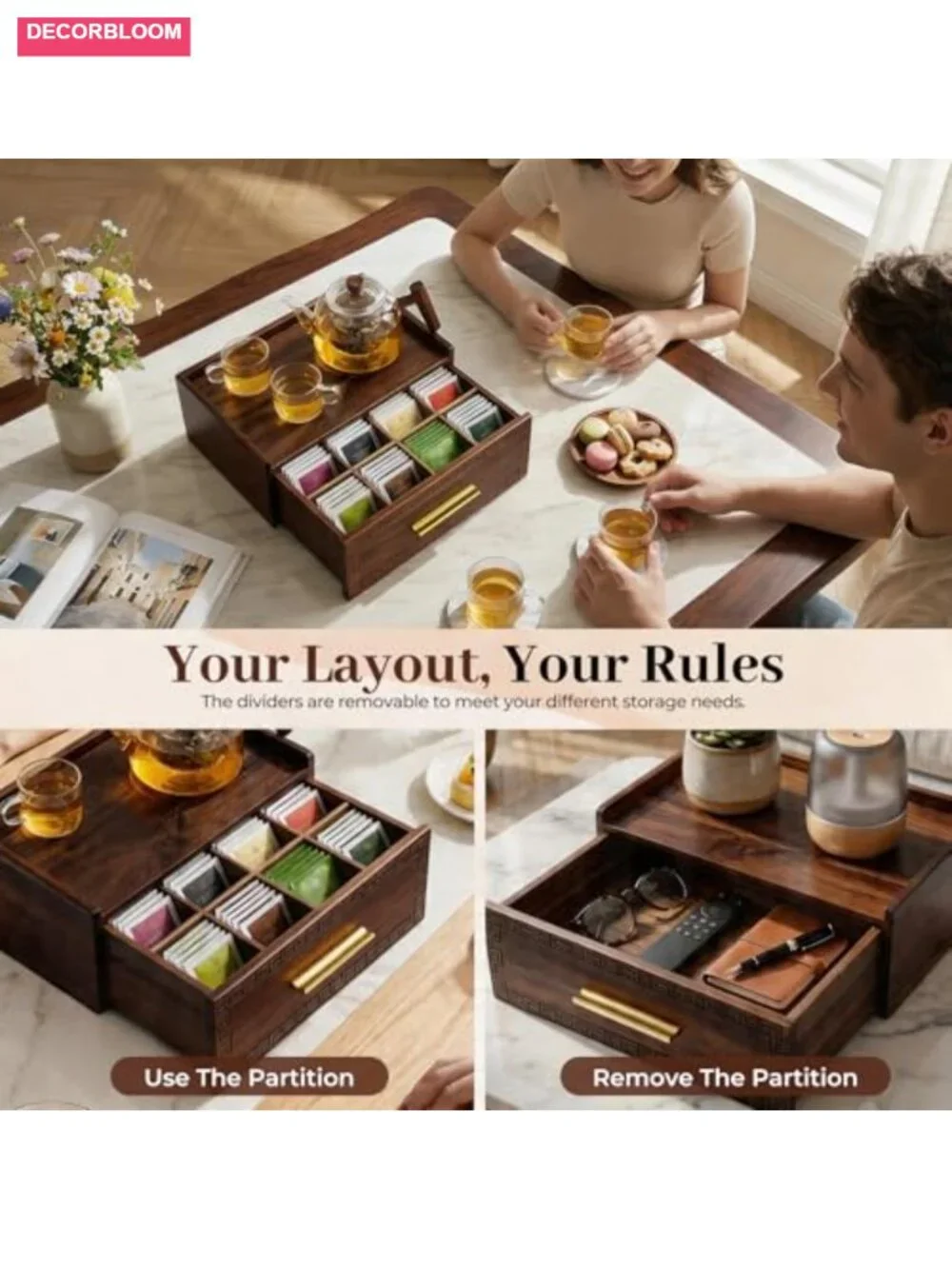 Acacia Wood Tea Bag Organizer with Drawer, 8 Compartments, 2 Coasters